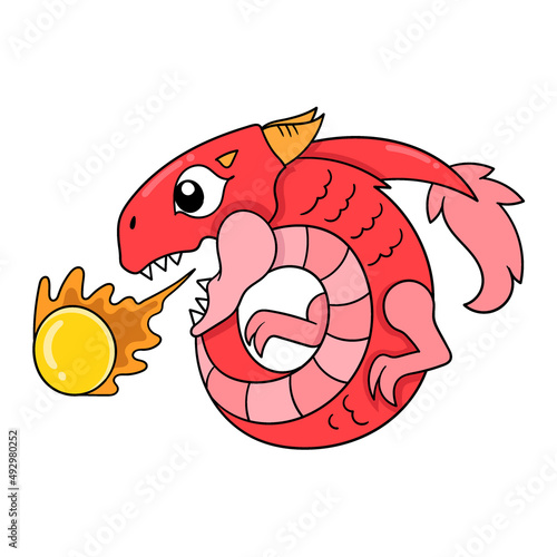 red dragon is spitting fireball, doodle icon image kawaii
