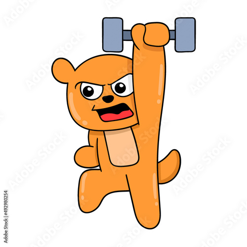 teddy bear people excitedly lifting barbell, doodle icon image kawaii