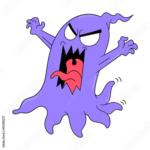 scary faced purple ghost on halloween night, doodle icon image kawaii