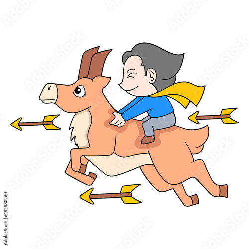 boy riding a war horse dodging arrows, doodle icon image kawaii