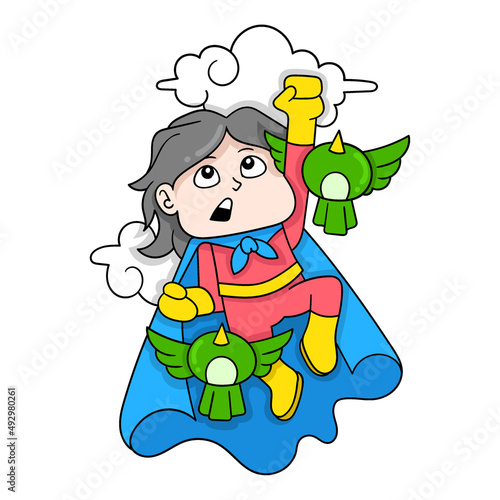 superhero is flying through space, doodle icon image kawaii