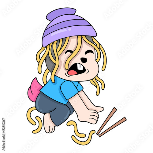 boy is being hit by a bowl of spilled noodles, doodle icon image kawaii