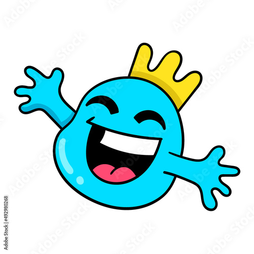 creature with a golden crown expression laughing happily, doodle icon image kawaii