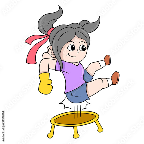 girl jumping jumping exercising trampoline, doodle icon image kawaii