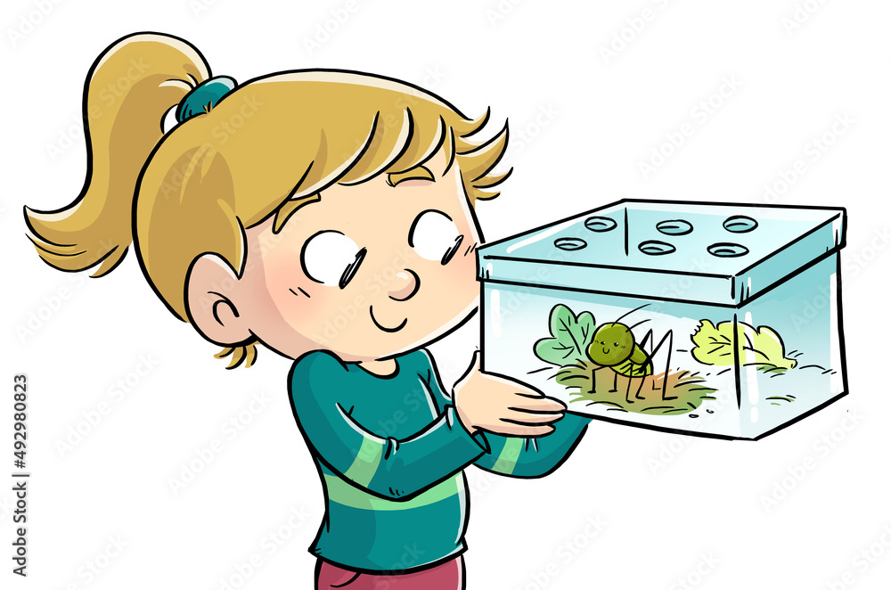 Illustration of a little girl with a box and a bug inside