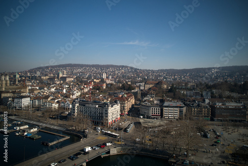 Aerial view of City of Zürich with river Limmat, Bellevue Square and lake Zürich on a sunny spring afternoon. Photo taken March 4th, 2022, Zurich, Switzerland.