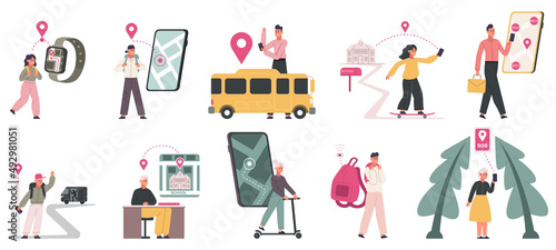 Kids safety technologies, smartwatch, geolocation tracker app. Child security technology, kids gps geolocation vector illustration set. Children tracking system