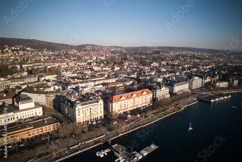 Aerial view of City of Zürich with Lake Zürich on a sunny spring afternoon. Photo taken March 4th, 2022, Zurich, Switzerland.