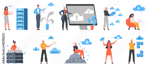Cloud system, online data storage and cloud engineering. Online data cloud server engineer characters vector illustration set. Cloud engineering computing concept