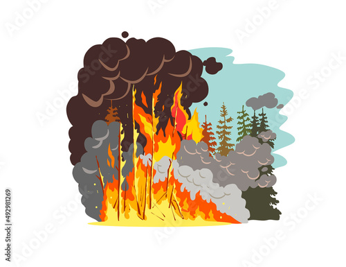 Wildfire in forest. Hand drawn vector illustration. 