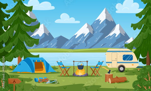 Cartoon tourist camp summer forest and mountain landscape. Campfire and tent, natural picnic spot vector illustration. Beautiful spring view at lake