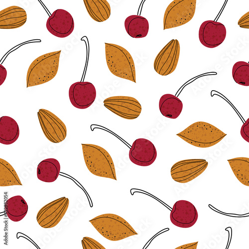 Seamless pattern - almond and cherry flat illustration. Cocktail garnish. Exotic fruit salad. Vector illustration