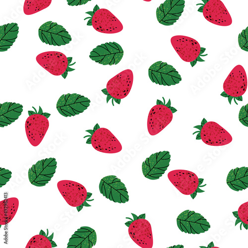 Seamless pattern - strawberry fruit flat illustration. Cocktail garnish. Exotic fruit salad. Vector illustration