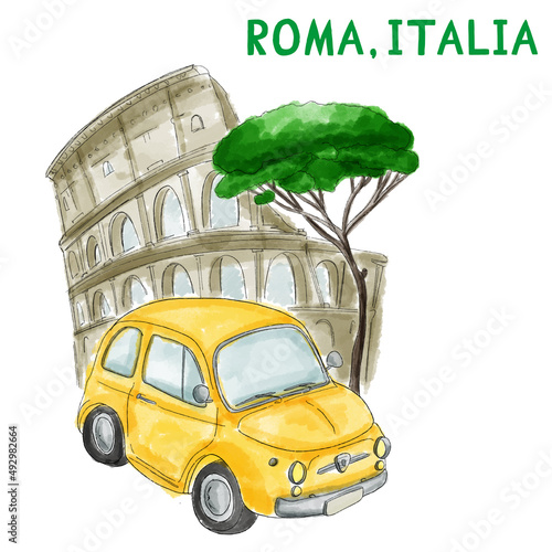 Colosseum, the ancient Roman arena, is the most symbolic landmark of Rome, Italy. Yellow car on the first plan