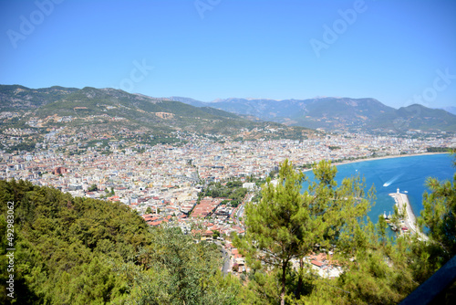 alanya with seaport and coastline, view from the top of mountain