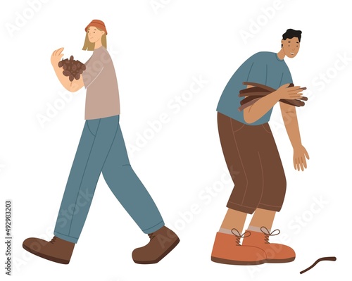 Hikers collect dry branches for a fire vector illustration. Boy and girl collect brushwood isolated on a white background. Helping and teamwork
