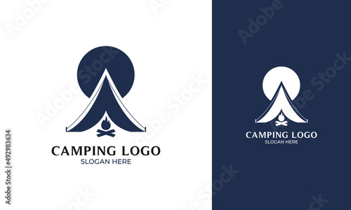 Simple tent logo design for camping with campfire icon