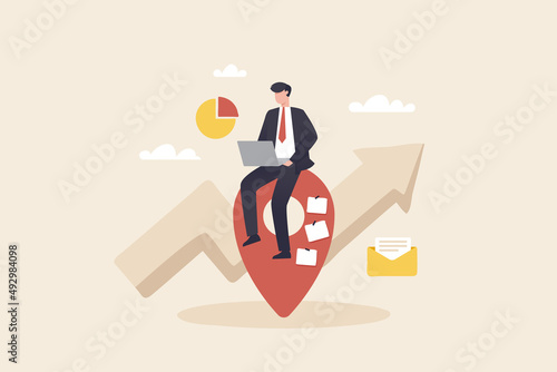 Businessman with Laptop working on big red pin. freelancer or online working, oversea employee concept.