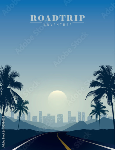 summer paradise road trip towards the city at sunset tropical palm landscape