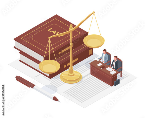 Isometric law concept, balance scale, justice book and case. Lawyer defending client vector illustration. Justice and law symbols
