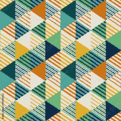 Seamless Retro bright multicolour block Triangle Pattern with frayed edge texture