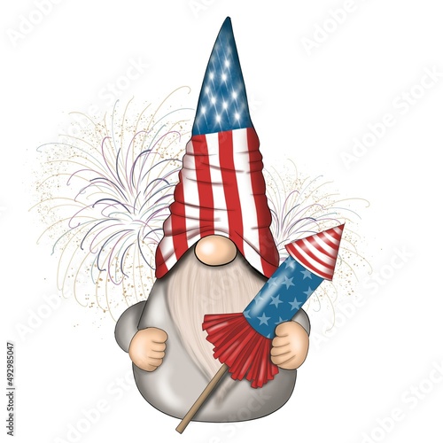 Independence Day Usa July Gnome Hand Drawn Illustration	