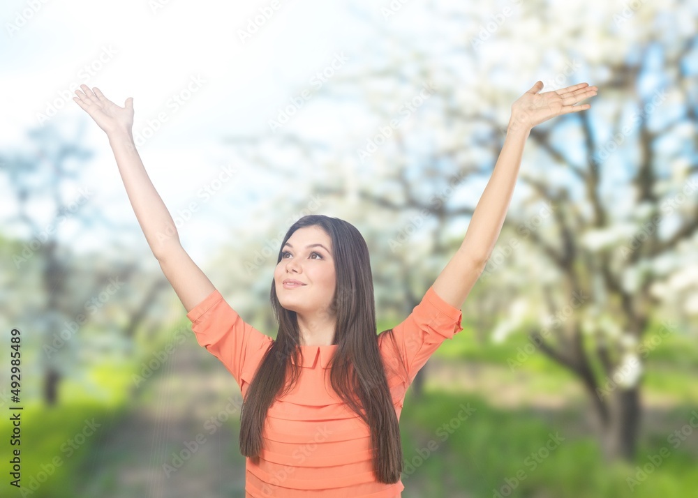 Overjoyed happy woman enjoying the green beautiful nature, healthy natural lifestyle Overjoyed happy woman enjoying the green beautiful nature, healthy natural lifestyle