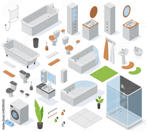 Isometric bathroom furniture, 3d toilet, washbasin, shower cabin and sink. Modern toilet and washroom accessories vector illustration set. Bathroom interior elements