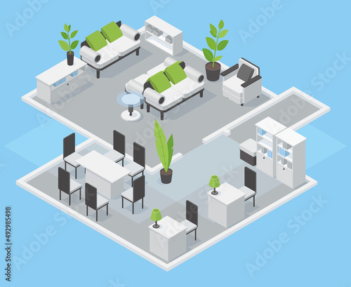 Isometric zoned interior, office or co-working space. Modern comfortable office interior vector 3d illustration. Cozy coworking zone