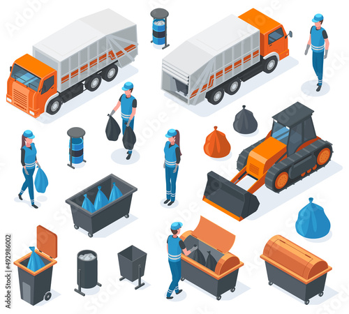 Isometric 3d garbage landfill, bulldozer, trash truck and scavengers. Garbage recycling equipment and garbage containers vector illustration set. City waste recycling service