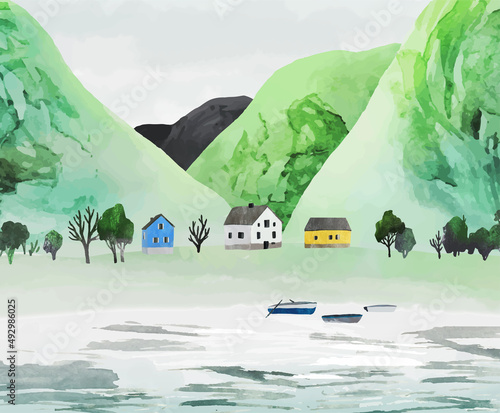 Watercolor mountains on the river bank. Vector landscape with norwegian houses, trees, fishing boats and mountains. Scandinavian nature