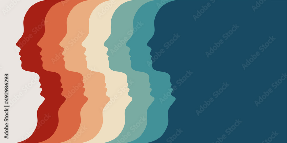 Metaphor bipolar disorder mind mental. Concept mood disorder. Colored silhouette head. Double face. Split personality. Psychology. Dual personality concept. Mental health. Copy space - obrazy, fototapety, plakaty 