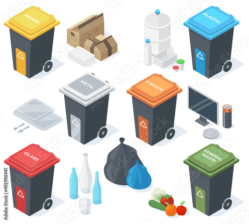 Isometric garbage multicolour trash cans, waste recycle bins. Plastic, glass, organic or paper garbage cans, 3d trash bins vector illustration. Waste recycle baskets