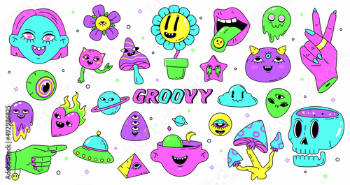 Cartoon neon psychedelic stickers, abstract hipster retro emojis. Hippy stickers with mushrooms, scull and flowers vector illustration set. Weird crazy colorful elements
