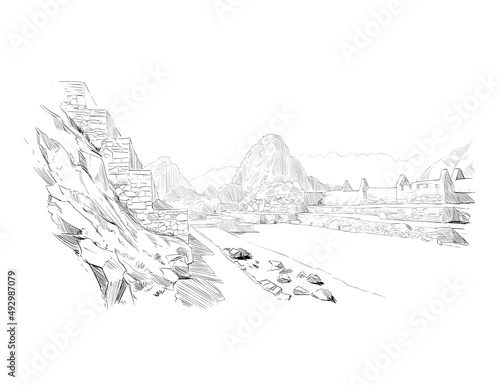 Machu Picchu. Peru. Urban sketch. Hand drawn vector illustration