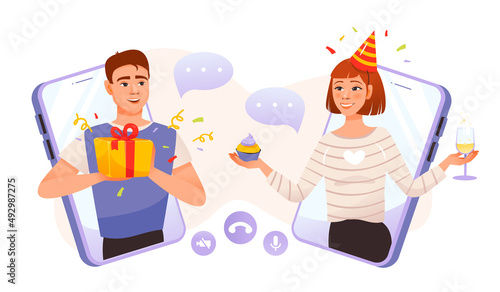 Online internet party concept. People celebrate with videos through an online application. Happy Birthday. 
Online celebration. Holidays during the period of self-isolation. Vector illustration