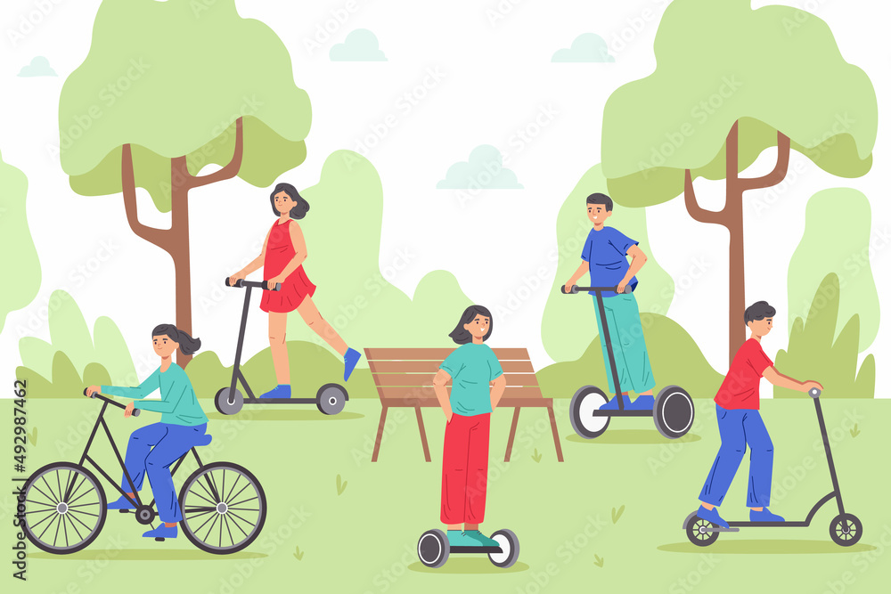 Fototapeta premium Mobile eco transport, people riding electric bike or bicycle in park. Man and woman moving by eco-friendly vehicles vector illustration. Healthy sport activities