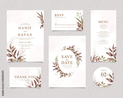 Elegant template wedding invitation set with watercolor leaves decoration