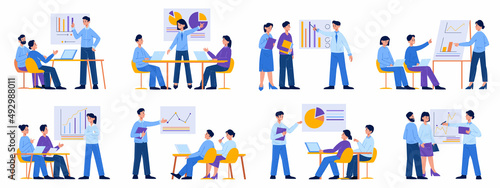 Business meeting or presentation  business coach and office team. Office team business training or conference vector illustration set. Teamwork presentation