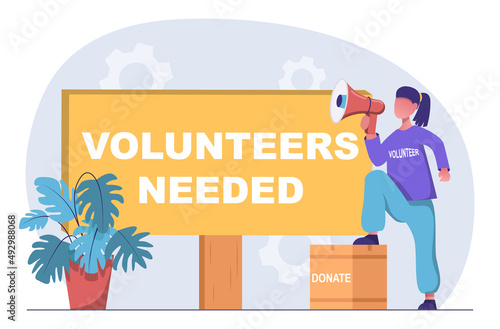 Volunteers needed. Volunteering. Volunteer organization is recruiting volunteers. Girl with a mouthpiece says she needs volunteers.