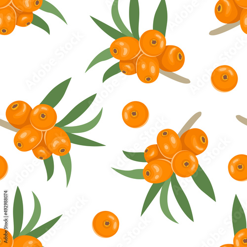 Sea buckthorn seamless pattern. Fresh healthy berry background. Vector cartoon flat illustration.