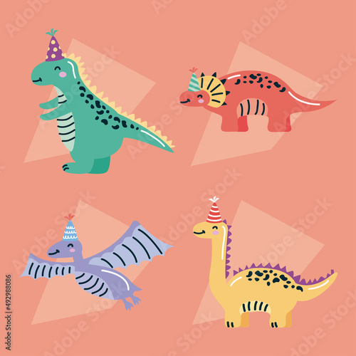 Fototapeta Naklejka Na Ścianę i Meble -  four dinosaurs in birthday