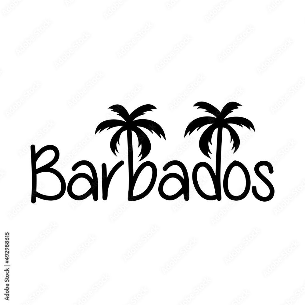 Barbados Beach. Destino de vacaciones. Banner con texto Barbados con letra con forma de silueta de palmera en color negro