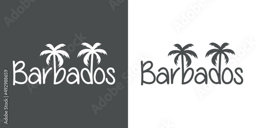 Barbados Beach. Destino de vacaciones. Banner con texto Barbados con letra con forma de silueta de palmera en fondo gris y fondo blanco