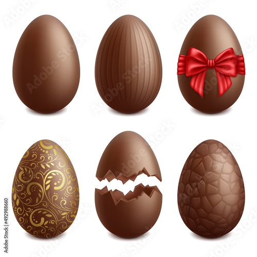 Realistic chocolate eggs, easter holiday sweet dessert. Easter holiday surprise treat, golden choco eggs vector illustration set. Brown choco eggs icons