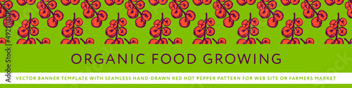 Natural food concept. Vector banner template. Seamless red cherry tomato pattern. Restaurant flyer, rural poster, sign. Rustic farmers market banner. Tomatos label. Organic product packaging.