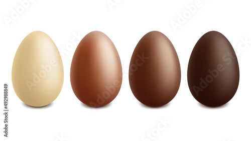 Realistic easter chocolate egg, white, milk and dark chocolate eggs. Easter eggs different chocolate colors vector illustration set. Easter holiday sweet choco treats