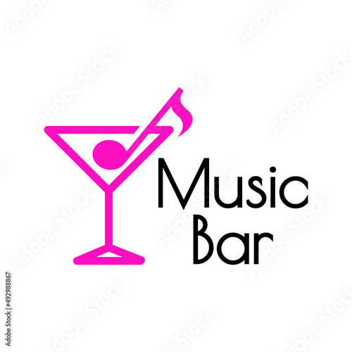 Logotipo con texto Music Bar con silueta de copa de cocktail con nota musical como aceituna con líneas en rosa y negro