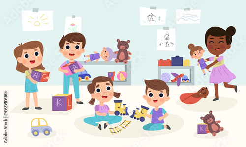 Cartoon kindergarten kids play together. Children in playroom play toys vector illustration. Kids kindergarten activities