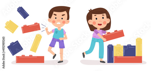 Cartoon good and bad behaviour. Little boy and girl playing and fighting together vector illustration. Children opposite behaviour